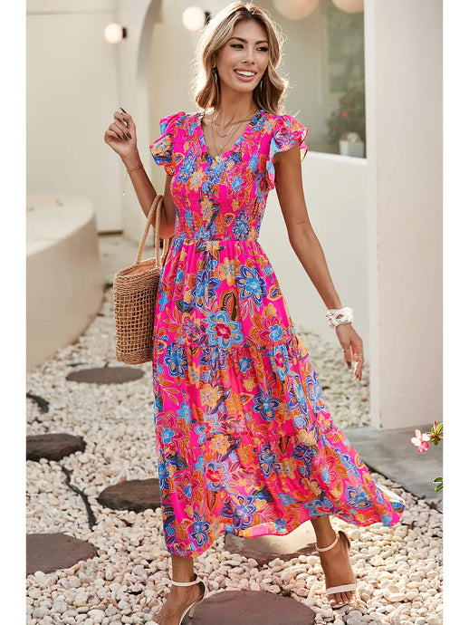 Floral V Neck Ruffle Tiered Long Dress|Multicolor
