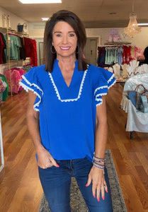 Game Day Ruffle Sleeve Scallop Trim Top