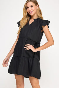 Black Linen dress
Ruffled neckline detail
Ruffle cap sleeve
V slash neckline
Mini ruffle detail along each tier
Side pockets