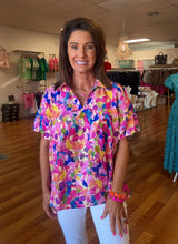 Pink/royal floral print puff sleeve collared top