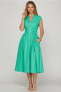 Jade color smock waist midi dress front zipper and pockets