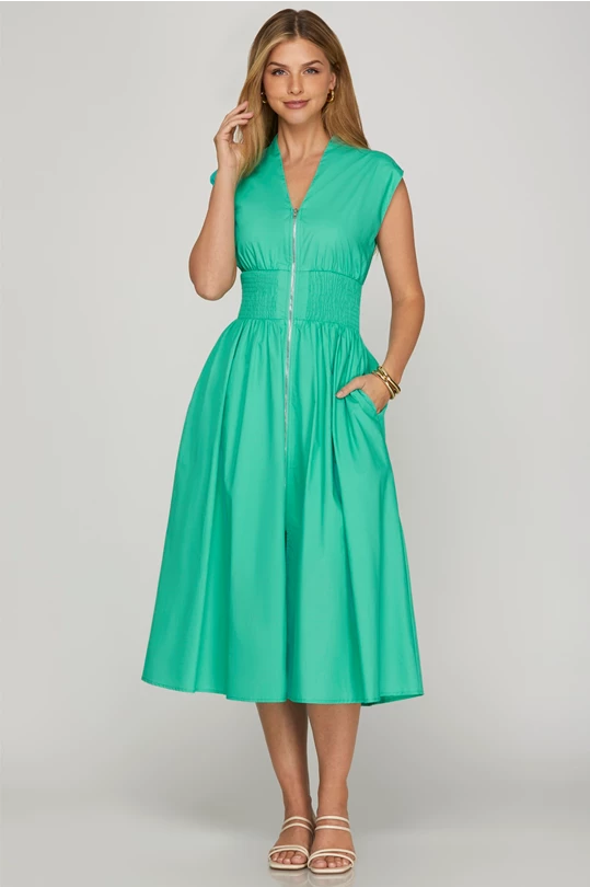 Jade color smock waist midi dress front zipper and pockets
