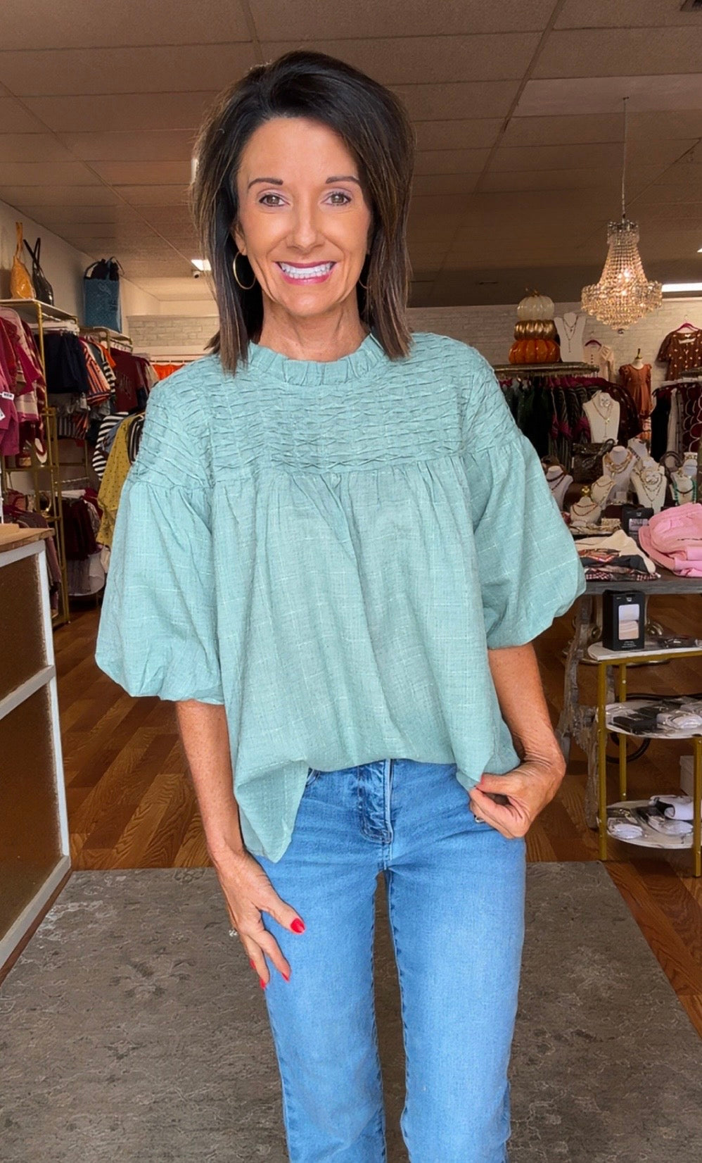 Green Bubble Sleeve top