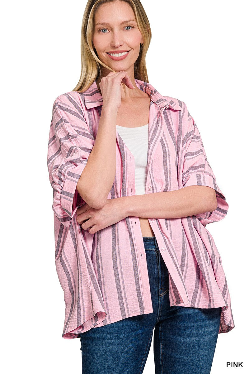 Woven Yarn-dye Stripe Oversized Button Down Shirts