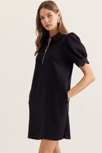 Solid puff sleeve dress. Half zip collared neckline