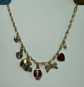 Gold touchdown helmet with glitter football charm necklace