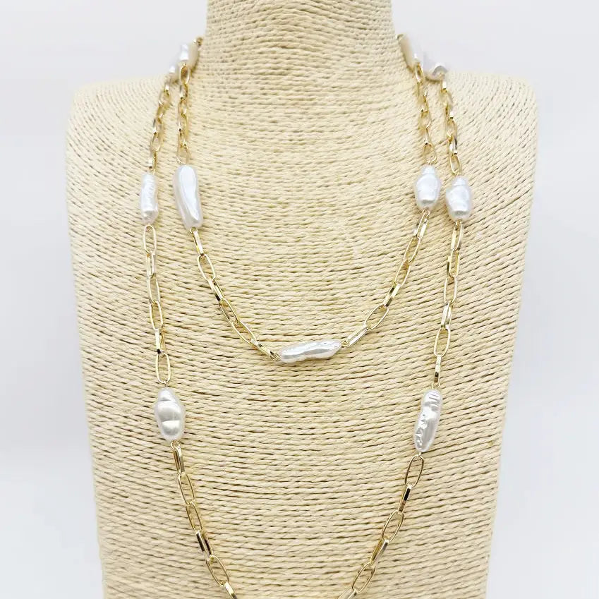 Gold Chain with Oval Pearl Layered 16