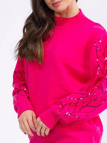 Pink Long Sleeve Sequins Detailed Pullover Sweater-runs long