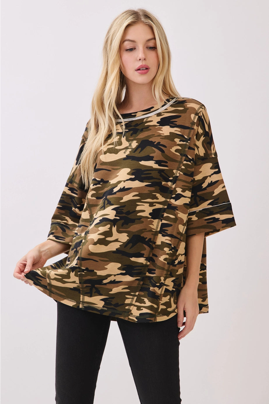 Relaxed Camo Stitch Detail Top
