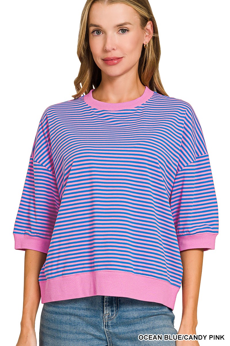 Striped Contrast Trim Rib Banded Top-great fit- best seller