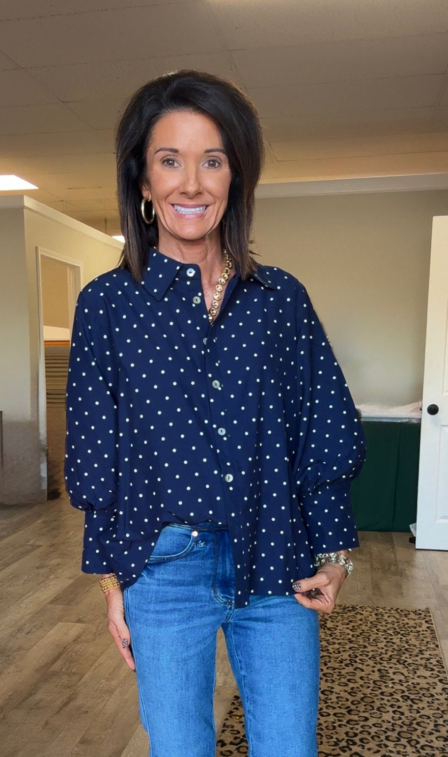 Navy top white polka dots