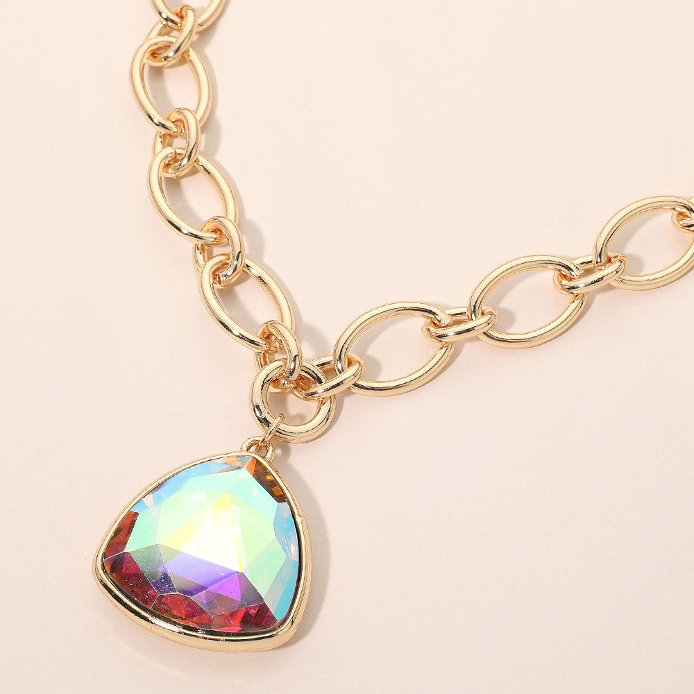 Chunky Faceted Gem Pendant Oval Link Chain Necklace