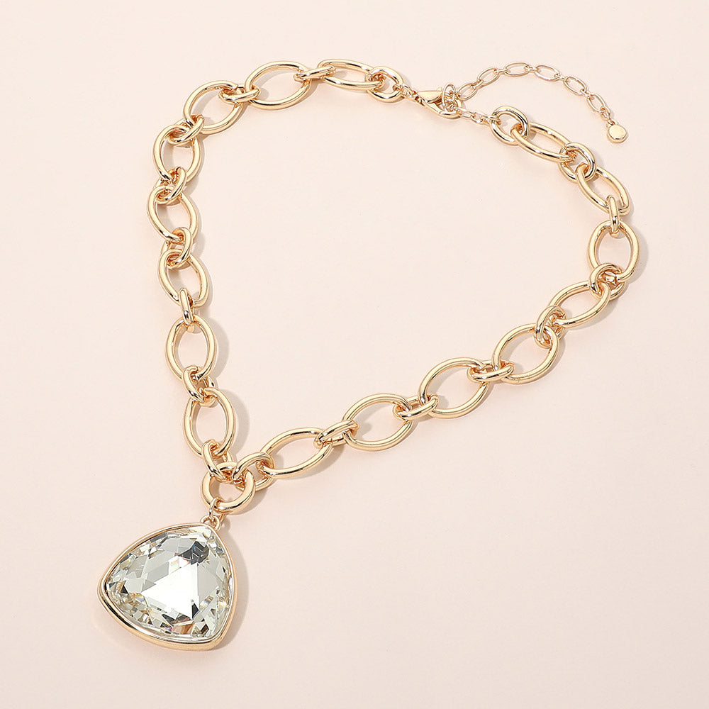 Chunky Faceted Gem Pendant Oval Link Chain Necklace