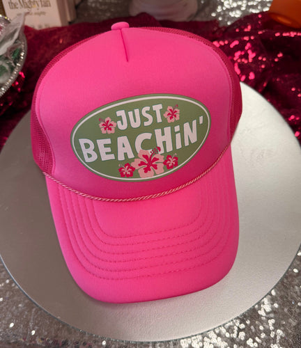 Stay beachin trucker hat in hot pink