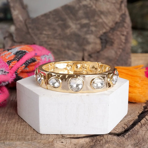 Clear Sparkly Crystal Stretch Bangles – Gold Tone