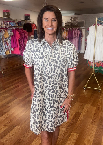 leopard denim material dress- trim in red