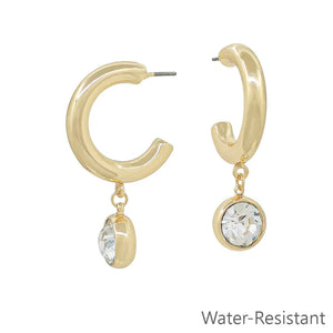 Water Resistant 1.5" Hoop Earring with Circle Crystal Drop