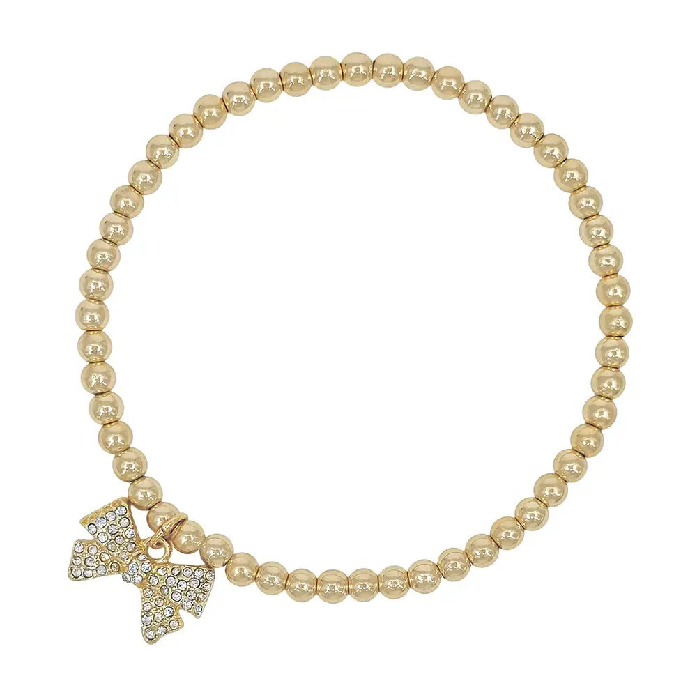 4mm Gold Beaded Stretch Bracelets with Gold Rhinestone Bow Charm