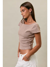 Brown white Short Sleeve Stripe Top with Scoop Back