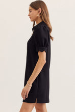 Solid puff sleeve dress. Half zip collared neckline