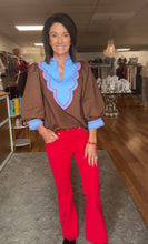 Brown Embroidery Accent Color Blocked Blouse