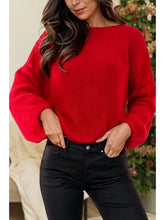 Red Bow Backless Crewneck Bubble Sleeve Sweater