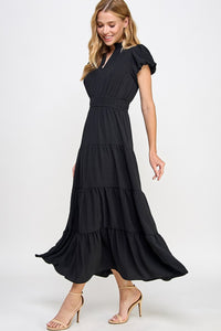 Black Solid maxi dress
Ruffled neckline
V neck placket
Puff short bubble sleeve
Double elastic around waistline
Tiered skirt 
Air flow fabric