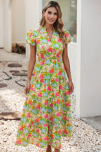 Floral Print V Neck Short Puff Sleeve Maxi Dress