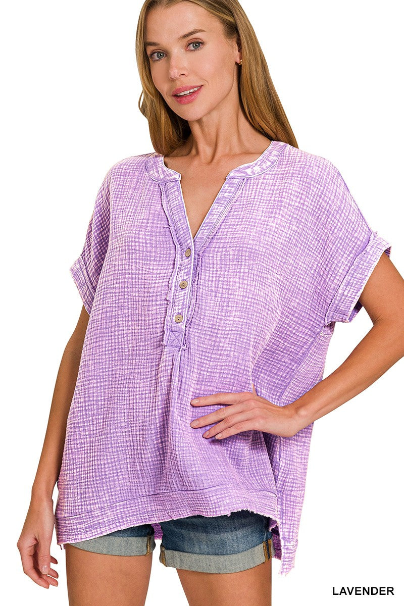 Lavender Washed Double Gauze 3/4 Button Henley Neck Shirt