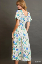 Blue mix Floral Smocked Midi Dress