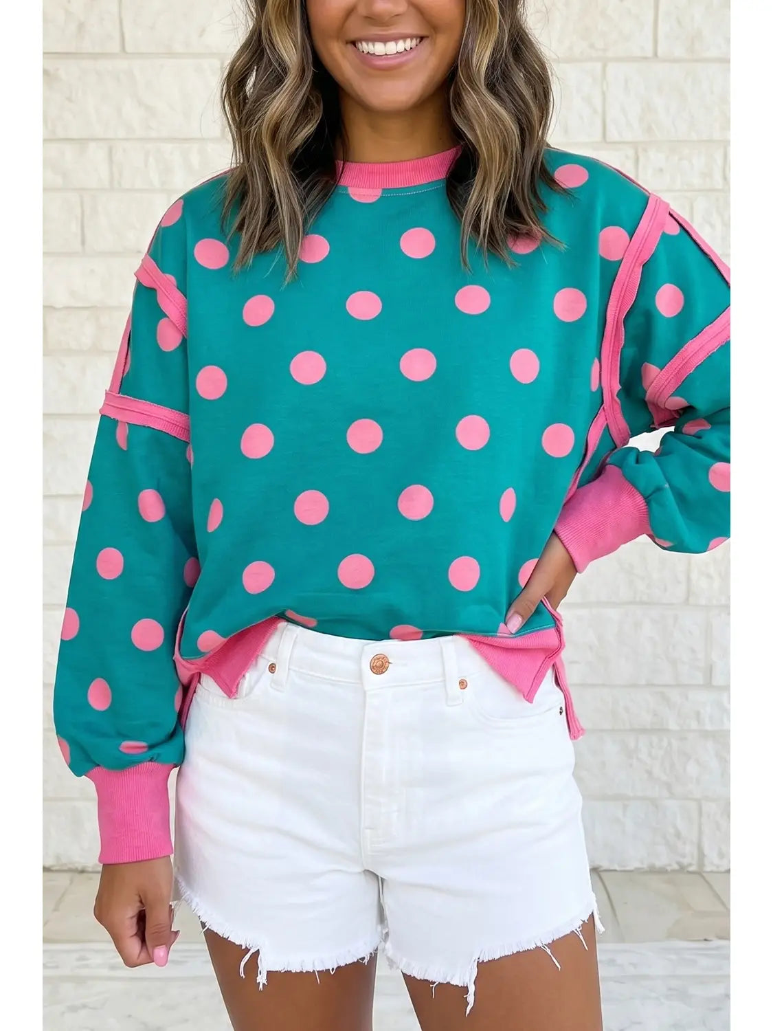 Teal blue/pink Polka Dot Patchwork Long Sleeve Pullover Sweatshirt