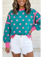Teal blue/pink Polka Dot Patchwork Long Sleeve Pullover Sweatshirt