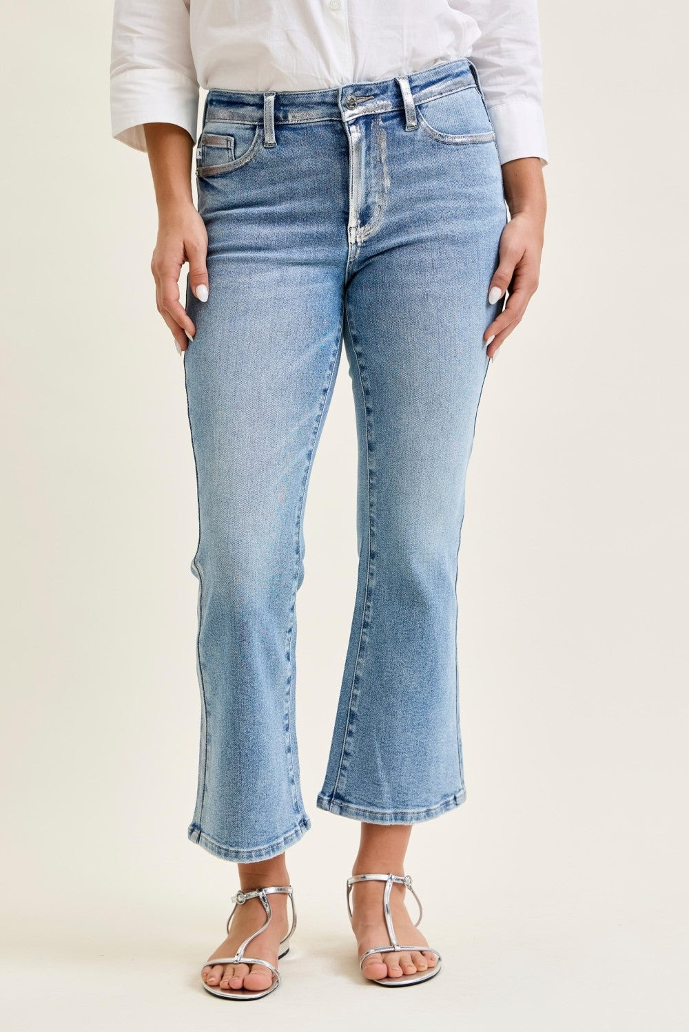 Judy blues metallic Mid rise kick flare  foiled seams
