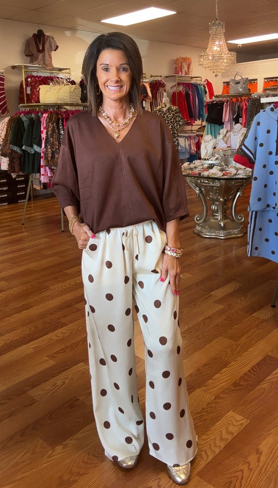 Cream- brown polka dot pants drawstring