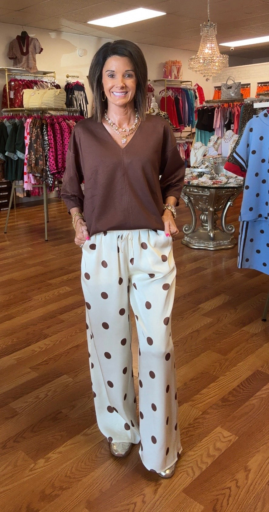 Cream- brown polka dot pants drawstring