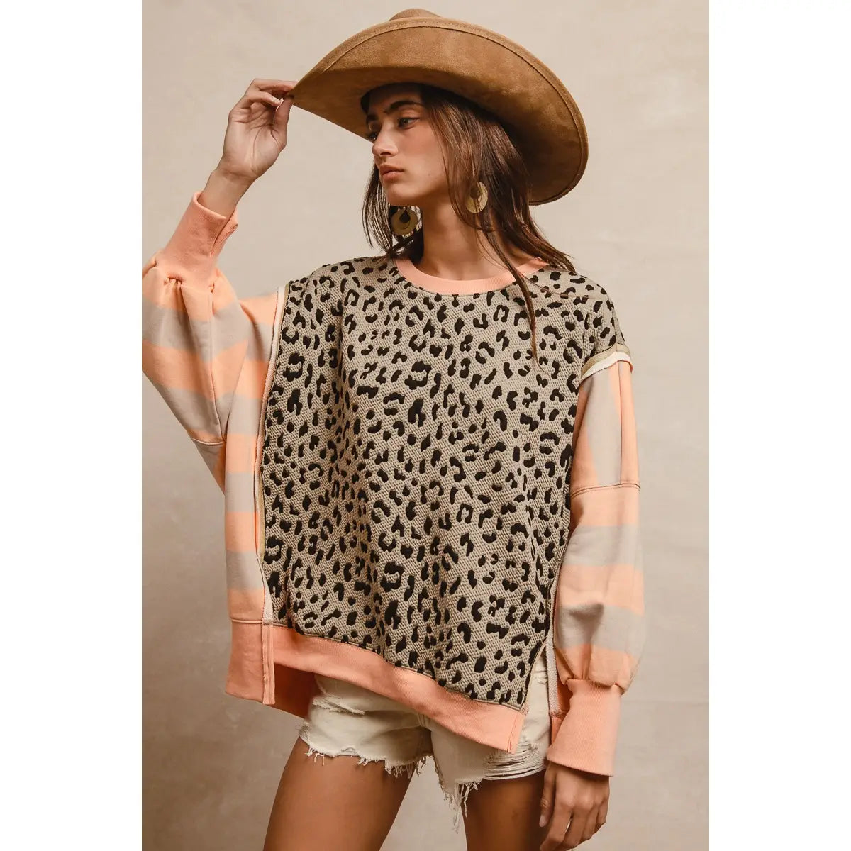 Leopard and peach Stripe Mixed Top