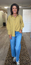 Mustard top. Button down brown polka dots