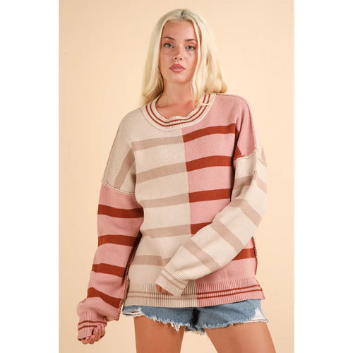 Color Block Oversized Striped Knit Sweater Top