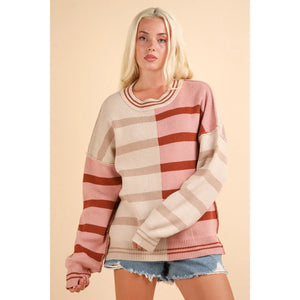 Color Block Oversized Striped Knit Sweater Top