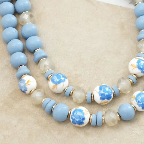 Multi Strand Spring Wood and Chinoiserie Beads Short Necklace in Blue and Gold