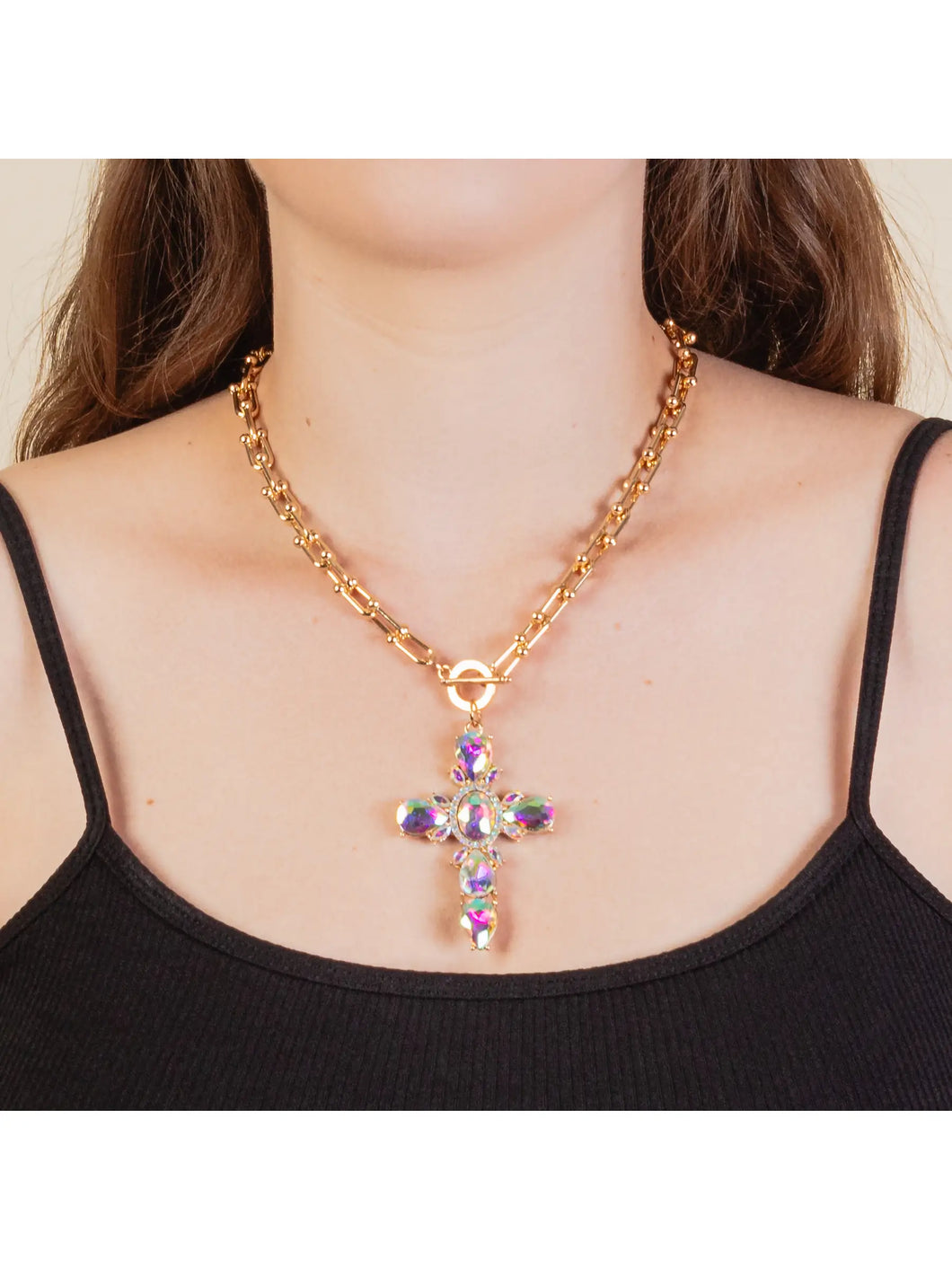 Iridescent rhinestone cross necklace