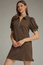 Solid puff sleeve dress. Half zip collared neckline