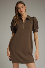 Solid puff sleeve dress. Half zip collared neckline