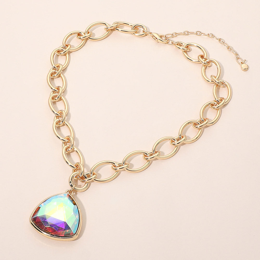 Chunky Faceted Gem Pendant Oval Link Chain Necklace
