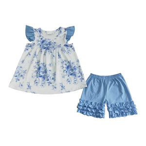 Blue Floral Pearl Ruffle Shorts Sets