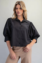 Black solid puff sleeve button down shirt