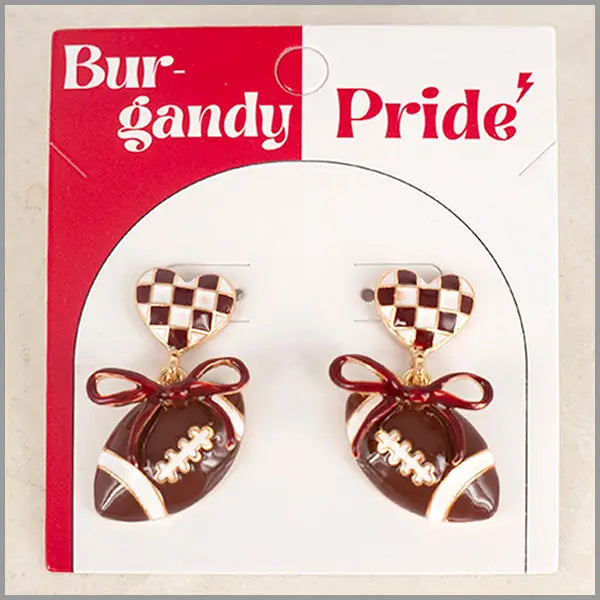 Burgandy and White Color Coated Heart with Bow & Football Gameday Stud 1.5