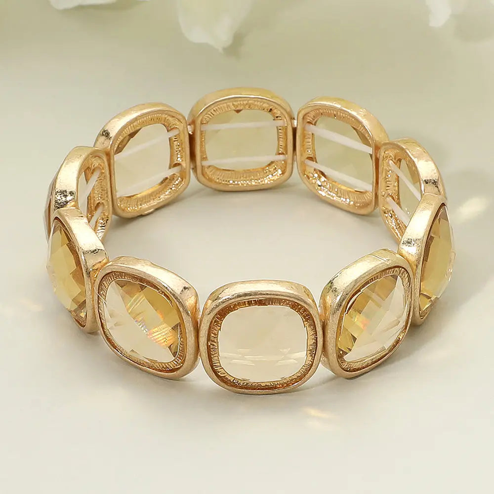 Round Square Glass Stone Frame Beaded Stretch Bracelet-gold