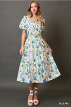 Blue mix Floral Smocked Midi Dress