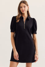 Solid puff sleeve dress. Half zip collared neckline